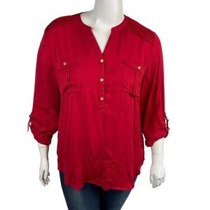 Chicos Womans Sz 3 16 Blouse Pink 3/4 Long Sleeve Pocket Roll Tab Sleeve